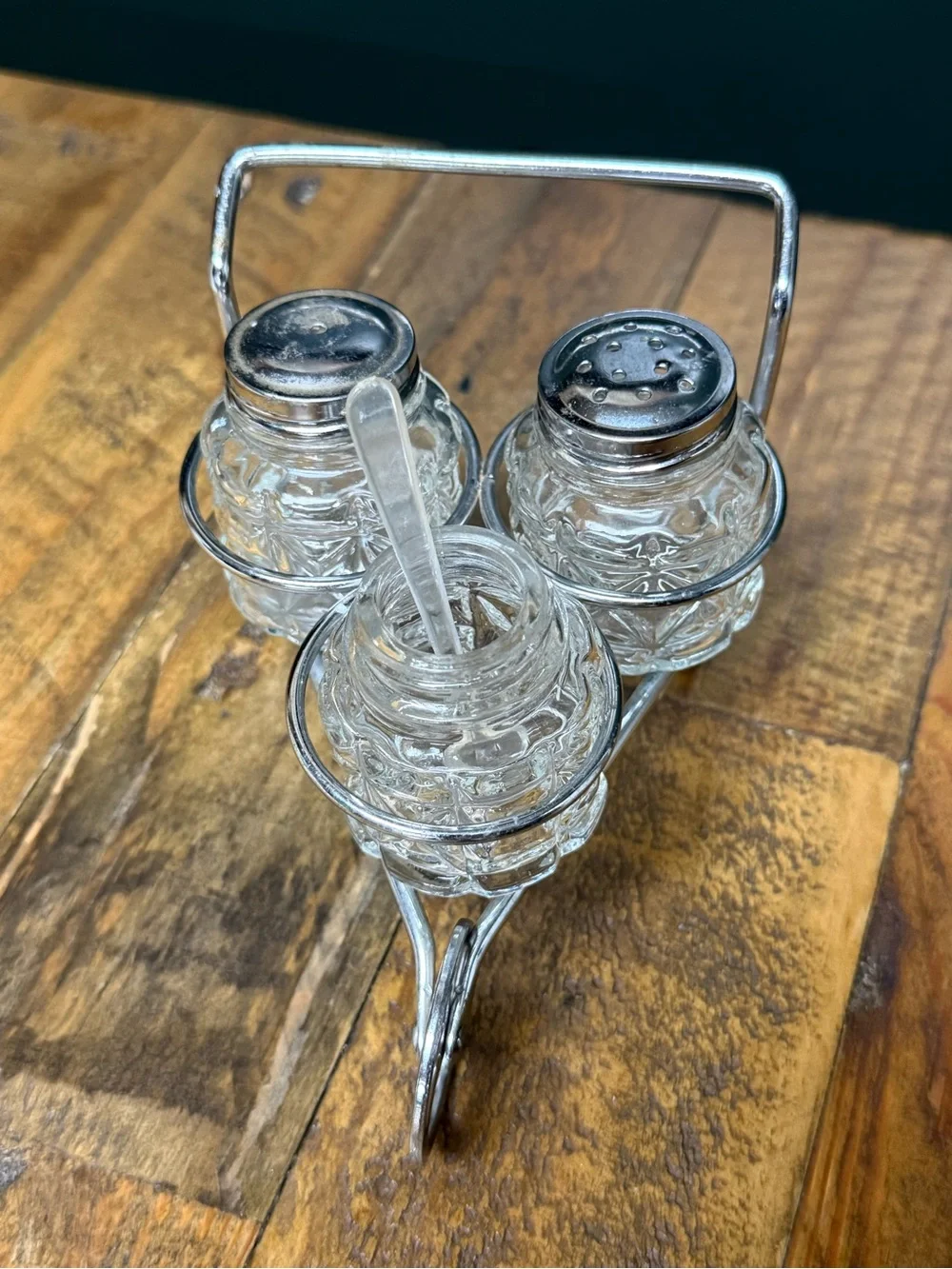 Vintage 1950’s Wheel Barrow Salt, Pepper, and Sugar/Condiment Set with Spoon